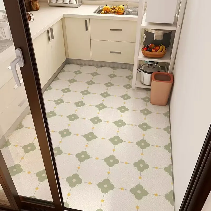 Black Cross Flower PVC Leather Rug Waterproof Oil-proof Stain-resistant Kitchen Carpet Large Area Non-slip Floor Mats Alfombra