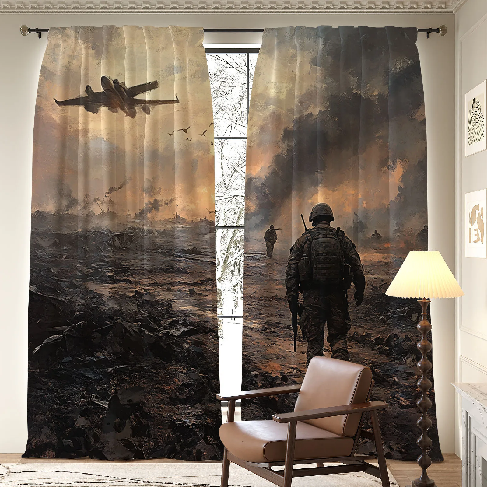 2D Flat, 2pcs War Soldier Curtains Military Battlefield Print Blackout Drape Living Room Bedroom Window Treatment Home Decor