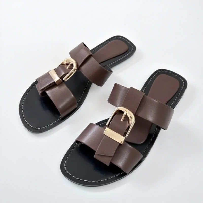 

Open Toe Flat Women Gladiator Sandals Metal Buckle Strap Soft Sole Summer Footwear Brand High Quality Beach Shoes for Ladies