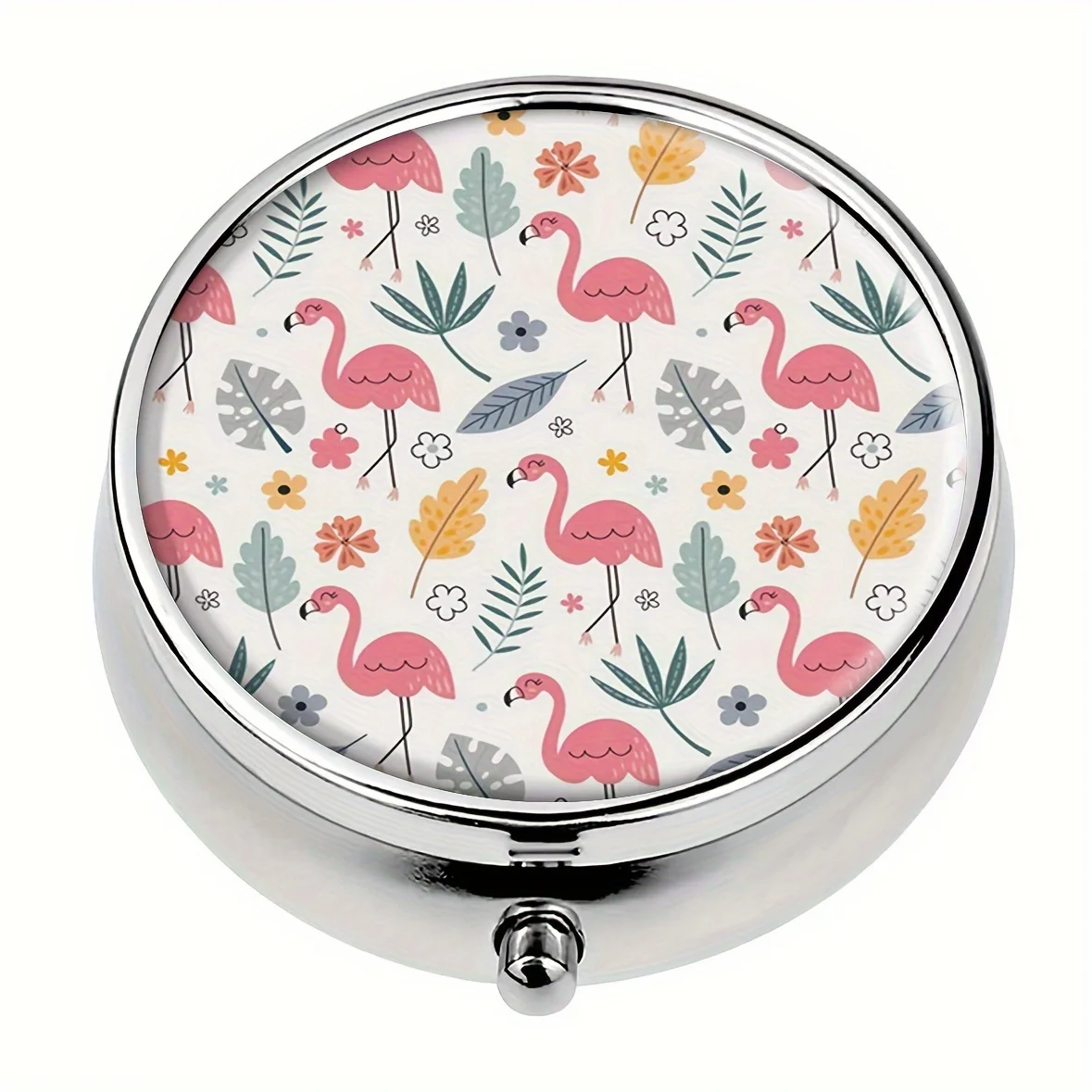 Flamingo-Themed Portable Pill Box - 3-Compartment Metal Medicine Organizer,Seamless Design For Travel & Office Use