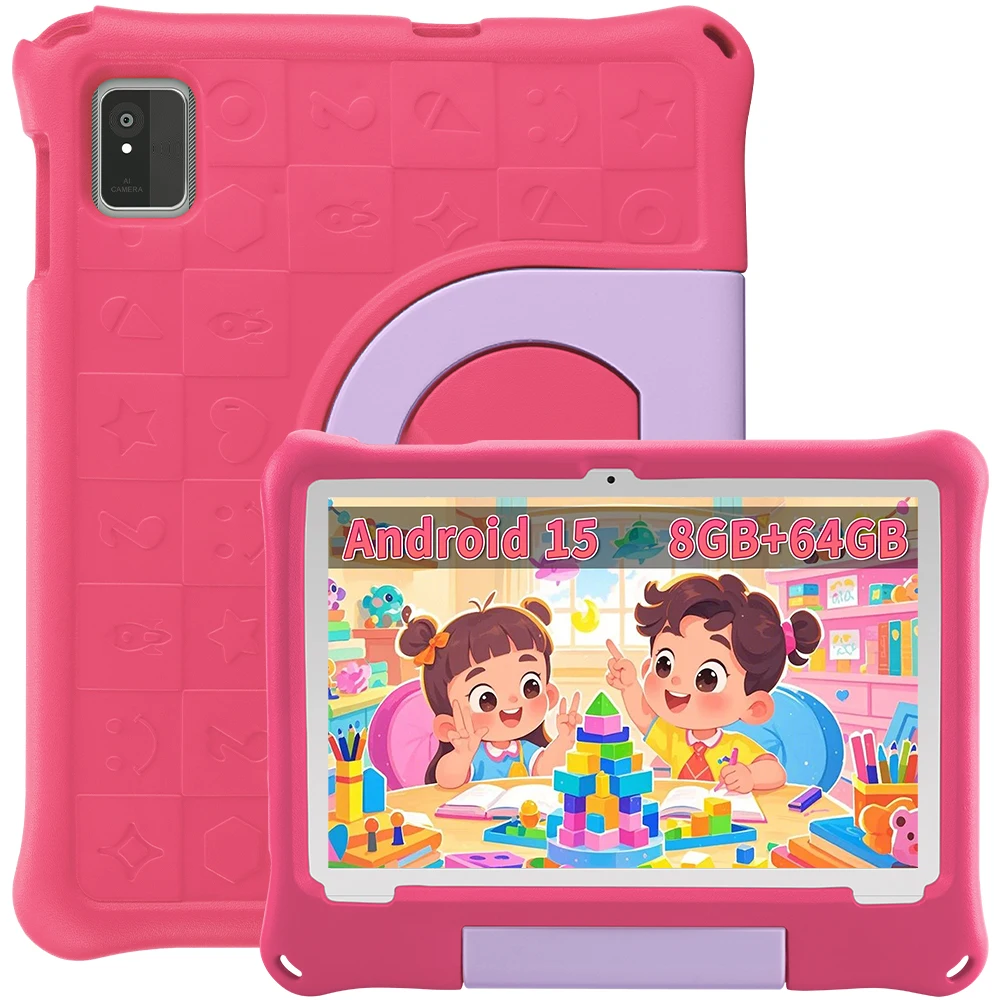 Kids Tablet 10.1" Android 15 8GB(4+4) RAM 64GB ROM 1TB Expand WiFi6 5000mAh Kids Learning Tablet Eye Protection Shockproof Case