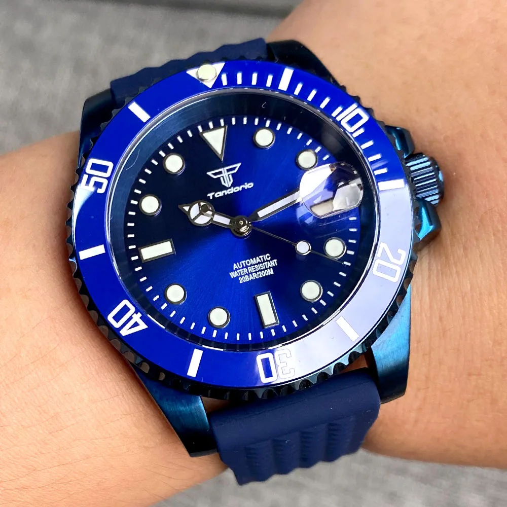 

40mm Tandorio 20ATM Blue Coated Men Watch Sapphire Glass Date Japan NH35 Automatic Luminous Blue Sunburst Dial Waffle Strap Date