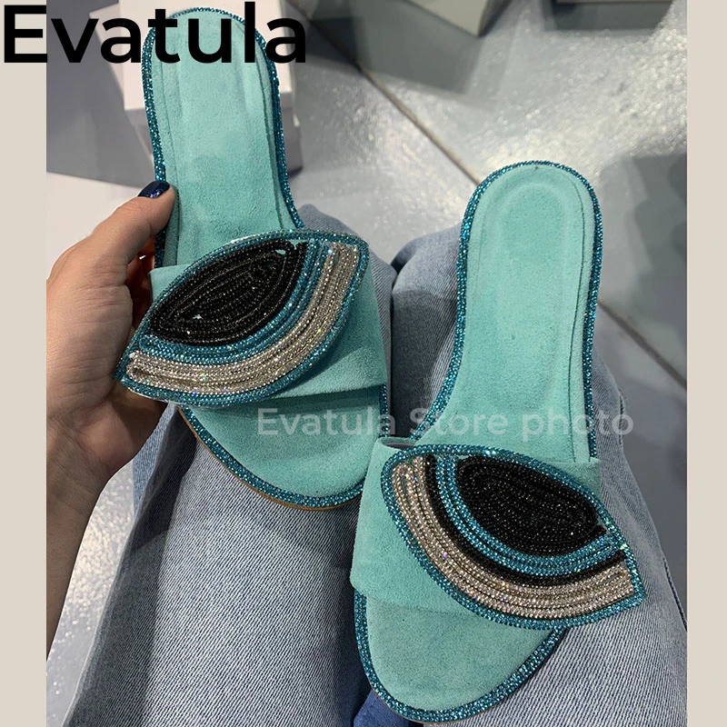 2024 Summer Shining Crystal Eyes Kid Suede Flat Slippers Women Open Toe Slip On Mules Outwear Casual Beach Slides Shoes Ladies