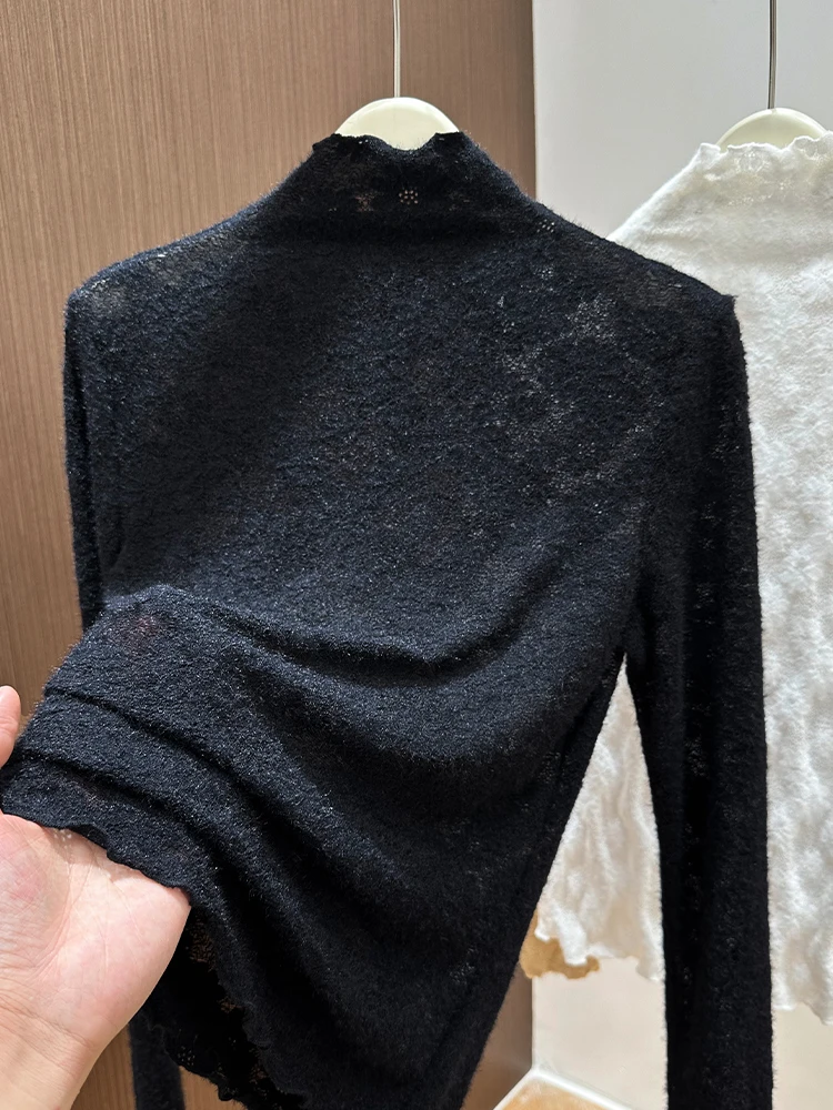 

Ele Lace Base irt Women's Faion Bla Inner Wear f High Collar Floral Embroidery Floing Sve Long Sve Nylon