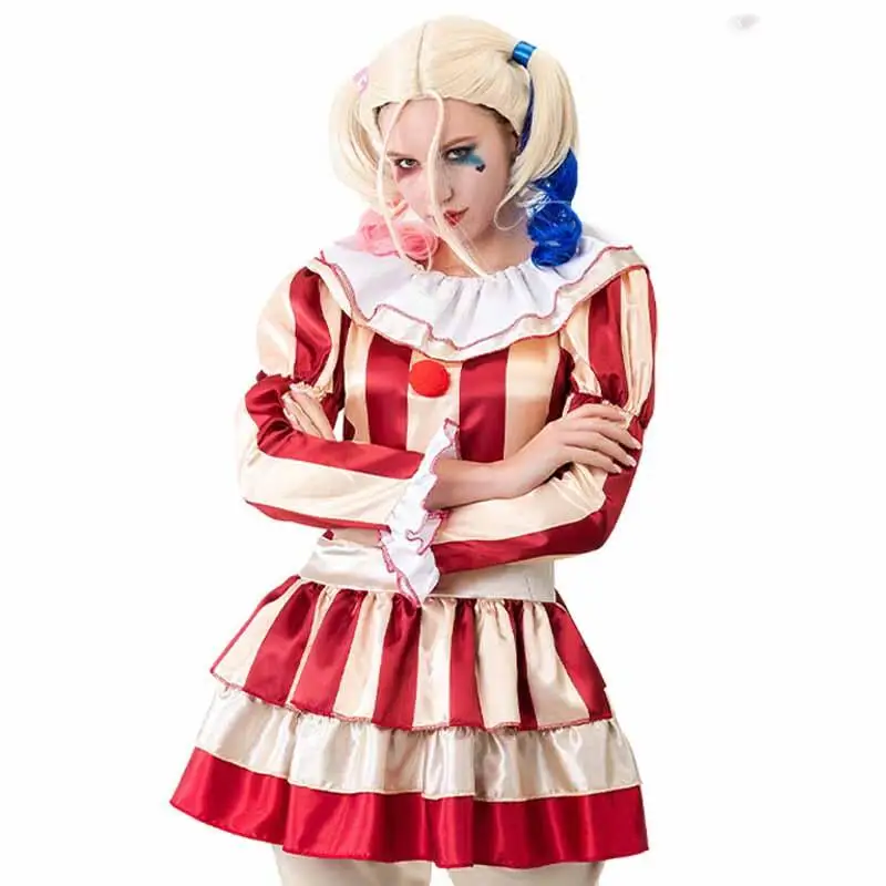 Women Red White Striped Circus Clown Costume Halloween Carnival Cosplay Outfit Fancy Dress Party Performance Suit