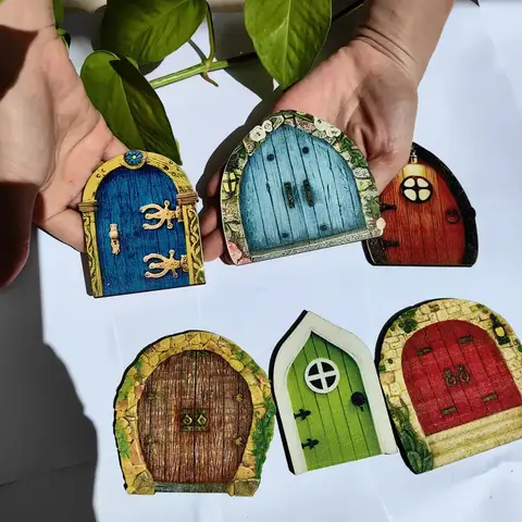 6PCS Wooden Fairy Door Window Gate DIY Fairy Garden House Decor Dwarf Elf Door Figurines Decorations Mini Ornaments Gifts
