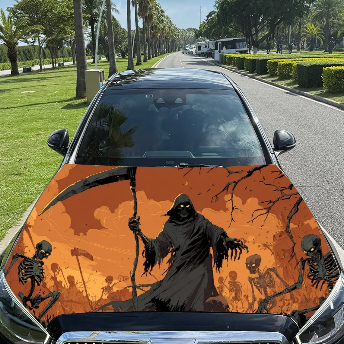 

Death And Skull Car Hood Decal - Durable PVC Vinyl Wrap, Fits Most Vehicles, Waterproof & Scratch-Resistant, Easy To Install & R