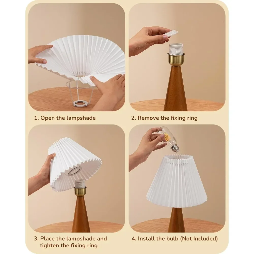 Маленькая настольная лампа Edishine 13,58 дюйма, прикроватная лампа с деревянным основанием, белый плиссированный абажур, компактная современная прикроватная лампа для дайвинга