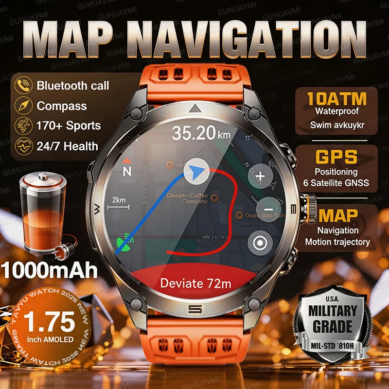 2026 New GPS Map Navigation Smart Watch 1000mAh Battery 10ATM Waterproof Swim Sports tracker LED Outdoors Military Smartwatches