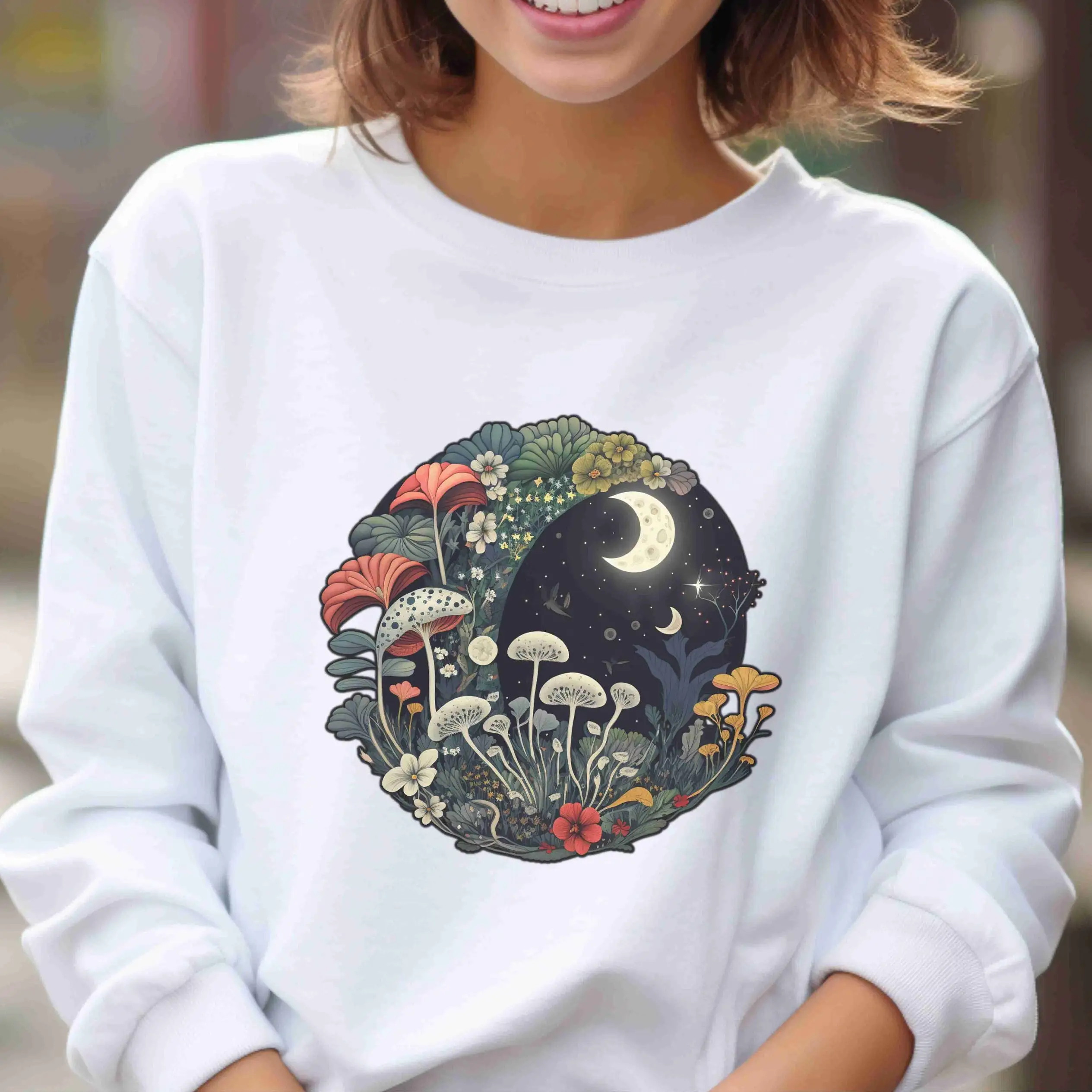 2024 New Vintage Stysle Vindicate Lover Valentine's Day Female Sweatshirt  Mushroom Flowers Moon Night View Print Couple Tops