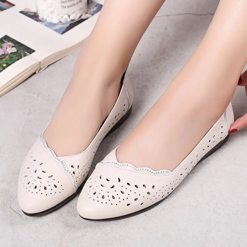 GKTINOO Breathable Genuine Leather Summer Shoes Woman 2024 Flat Low Heel Mother Hollow Out Leather Slip On Shoes For Women Soft