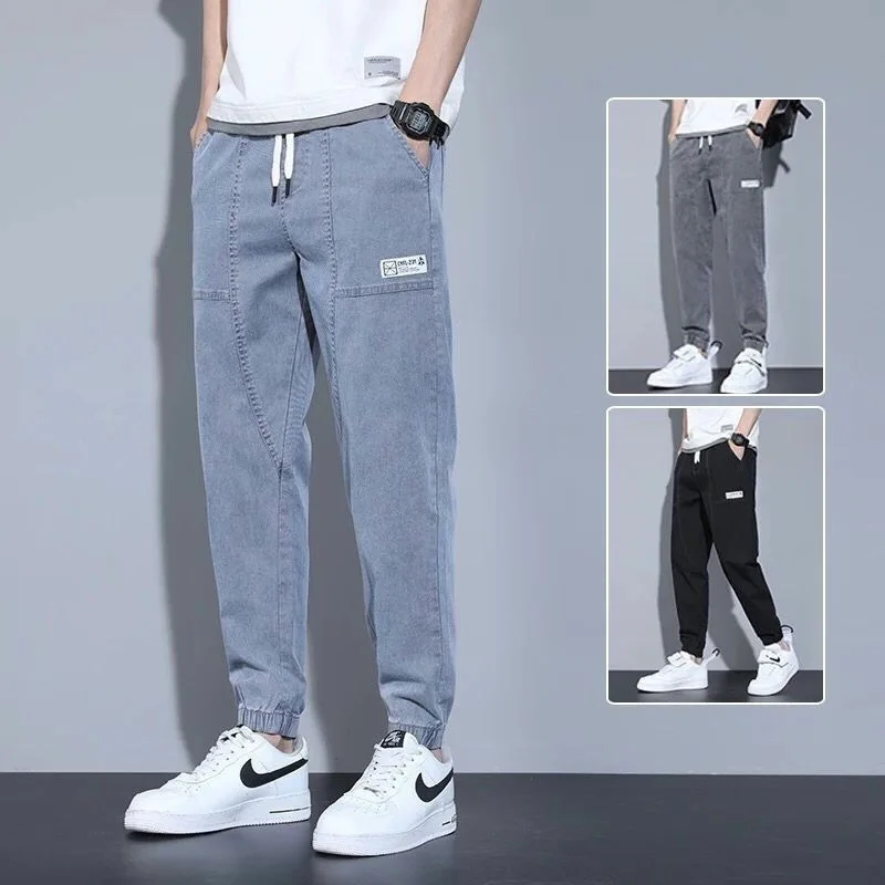 Men's Loose Fitting Leggings Elastic Waisted Jeans Casual Fashion Drawstring Harlan Cropped Denim Pants