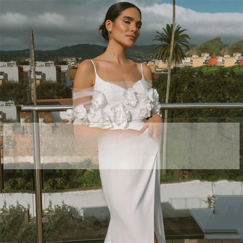 Abito da sposa da donna aperto sul retro con scollo a V diviso in raso fiore con cinturino per spaghetti abito da sposa Vestido De Noiva personalizza su misure