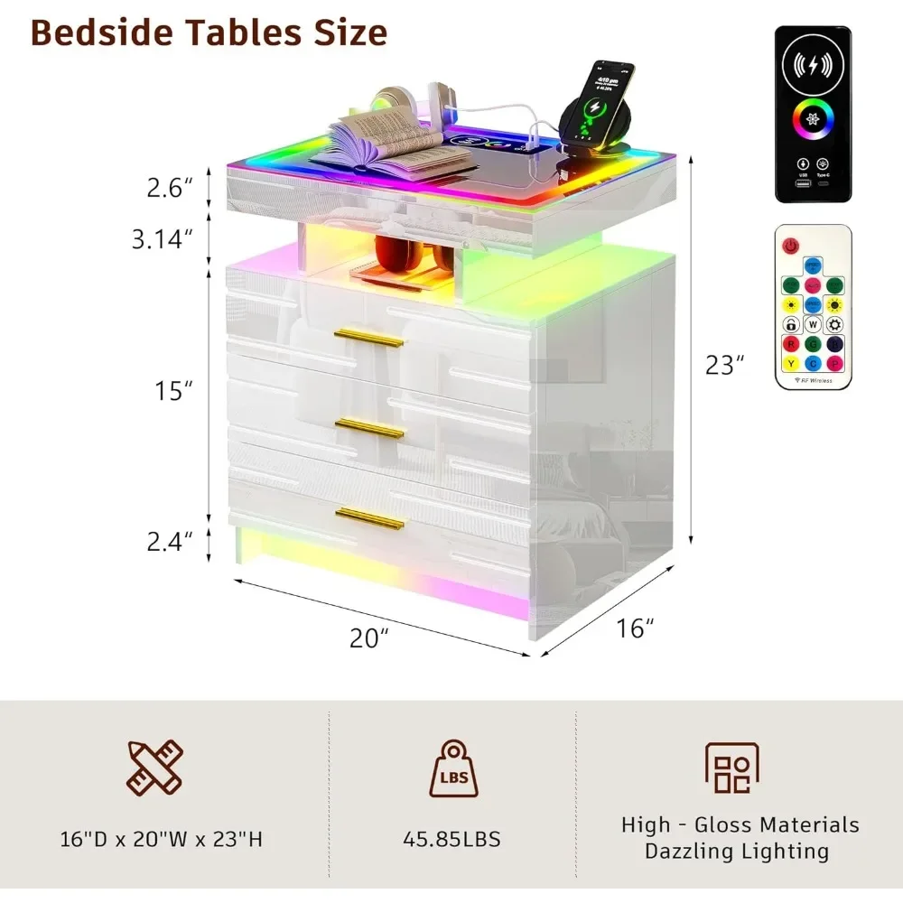 Table de nuit LED avec station de charge sans fil et ports USB, table de chevet moderne avec 24 lumières pour documents, tables de chevet brillantes