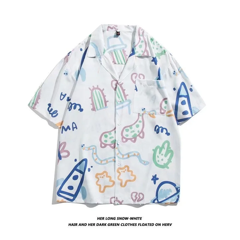 

Vintage Short Sleeve Men's Shirt Loose Beachwear Couple's Lazy BF Style Cartoon Print Casual Summer Fashion Youth Trend