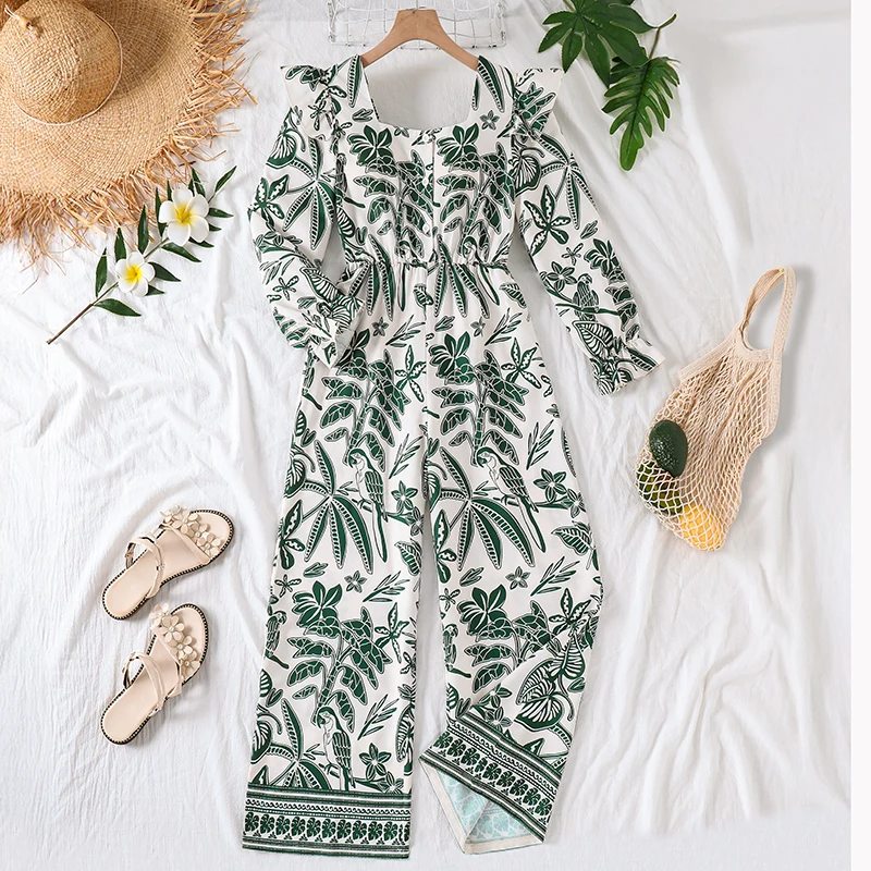 Girls 8-12 Spring Tropical Print Jumpsuit, Square Neck Ruffle Long Sleeve Elastic Waist Wide Leg Casual Kids Romper