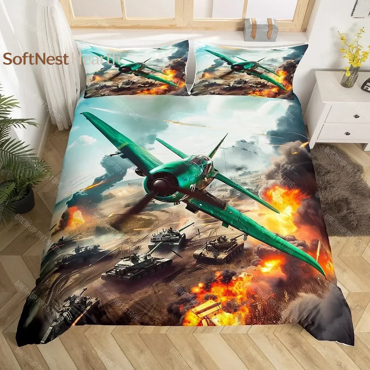 2026 War Theme Duvet Cover Set Twin Size, Army Aircraft Tanks Comforter Cover, Retro Green Camouflage Bedding Set