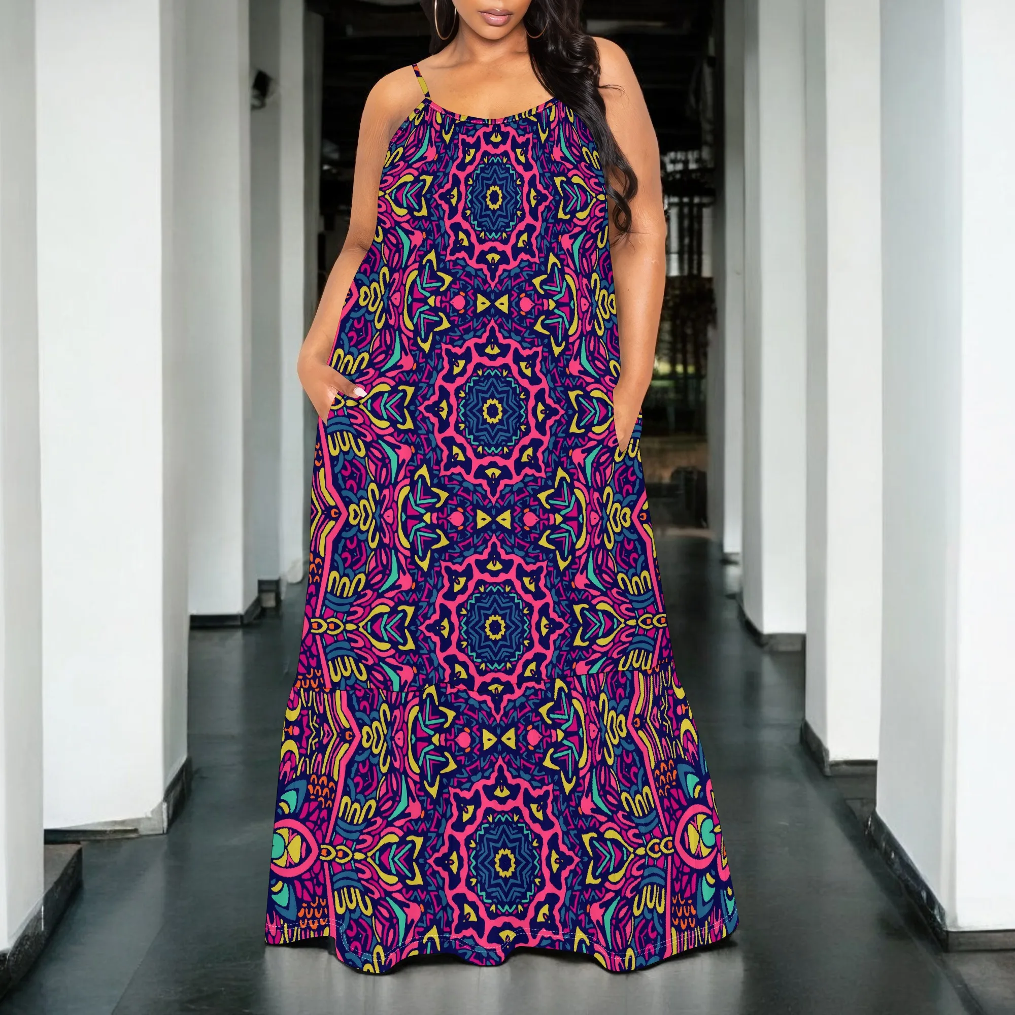 

Women's Psychedelic Mandala Maxi Dress Spaghetti Strap Boho Festival Pride Party Look Colorful Summer Outfit S-3XL