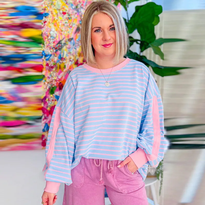 

Повседневная и универсальная полосатая толстовка с принтом для женщин осень 2023 года, новый свободный пуловер с мясным покрытием для женщин.