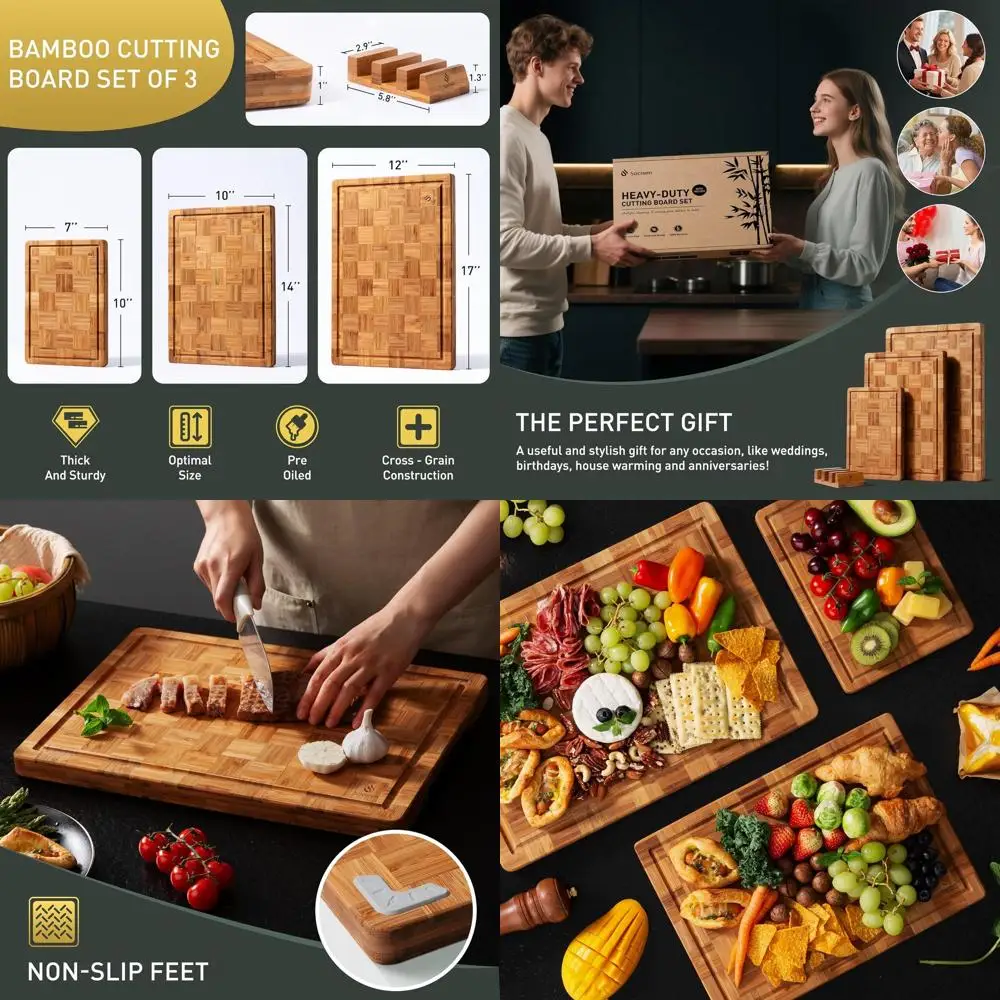 

Premium Bamboo Cutting Board Set: Non-Toxic, Non-Slip, Thick End Grain Boards with Juice Groove - Perfect Kitchen Gift