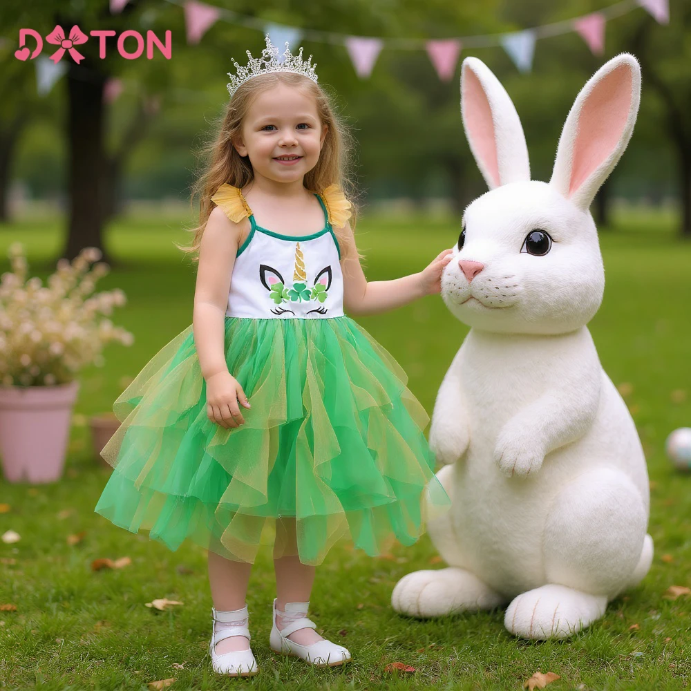 DXTON Toddler Girls Dress Clover Easter Children Clothes Summer Sling Kids Irregular Mesh Princess Dress Festival Girls Costumes