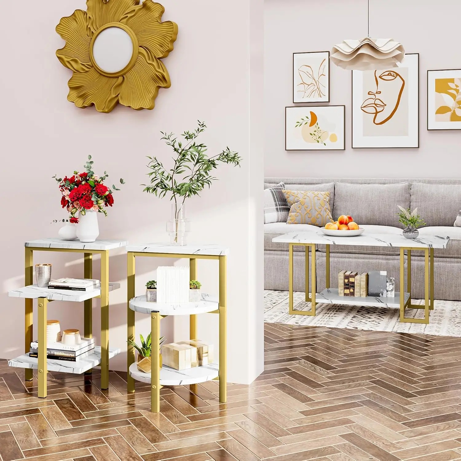 Lamerge Coffee Table Set Of 3,Rectangle Coffee Table&2 Accent Table,Faux Marble Tabletop,3 Piece Living Room Table Sets With