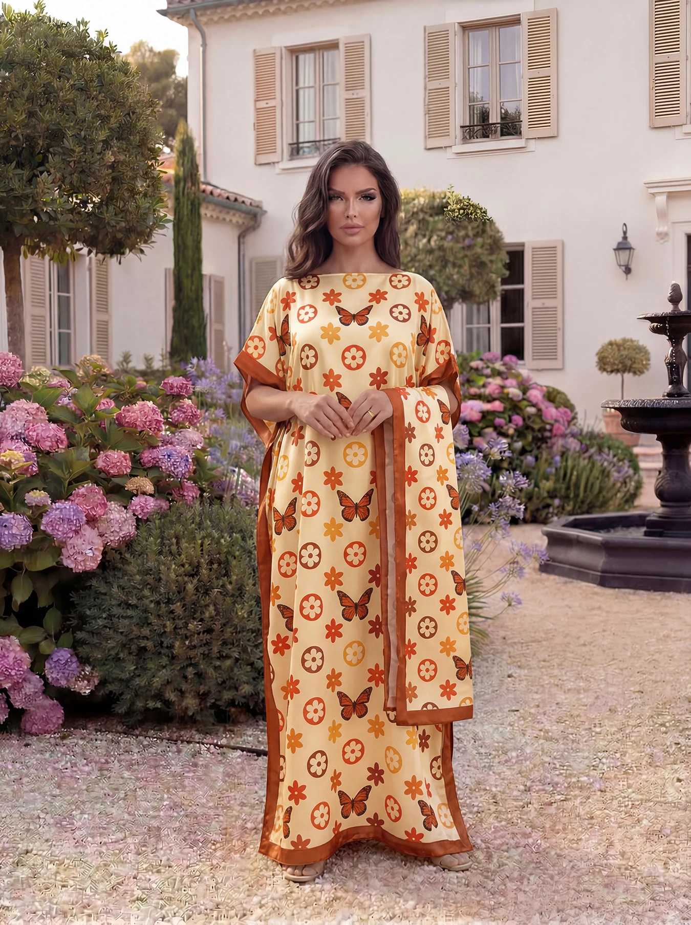 Dubai Butterfly Floral Print Abaya With Matching Scarf, Loose Boat Neck Batwing Sleeve Maxi Kaftan Dress For African MuslimWomen