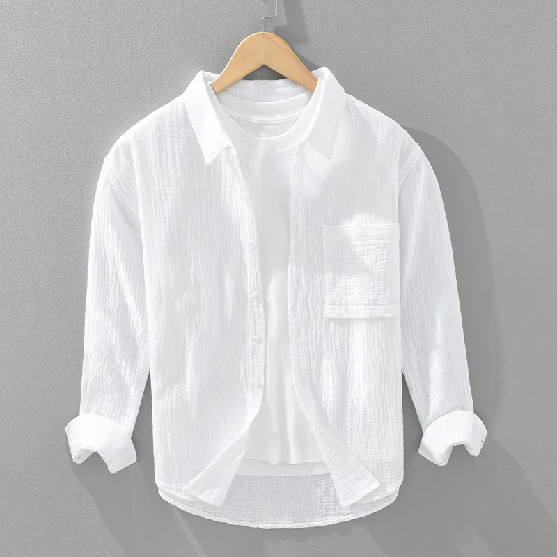 

Мужская хлопковая рубашка свободного кроя с длинным рукавом, весенняя, в городском стиле, однотонная, с отложным воротником, мягкая, с легким блеском