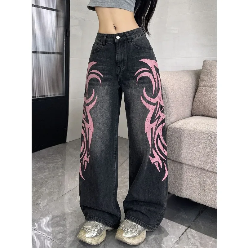 Autumn Winter New Retro Y2K Distressed Crinkled Club Denim Trousers Fashion Women Curved Jeans Casual Loose Wide Leg Trendy Pant