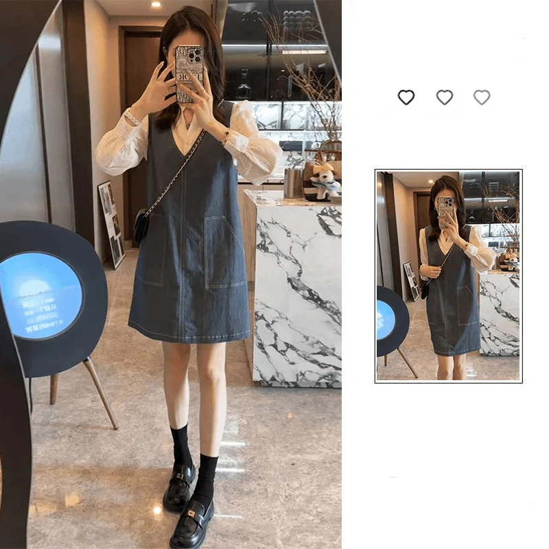

Autumn Fashion Women's Two-Piece Set Slimming Stripe Denim Overalls Collar Long Sleeve Shirt And Skirt Ensemble