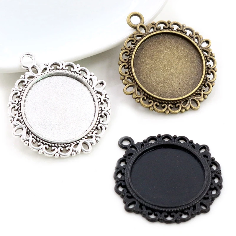 

10pcs 20mm Inner Size Antique Silver Plated Bronze Black Classic Flower Style Cabochon Base Setting Charms Pendant