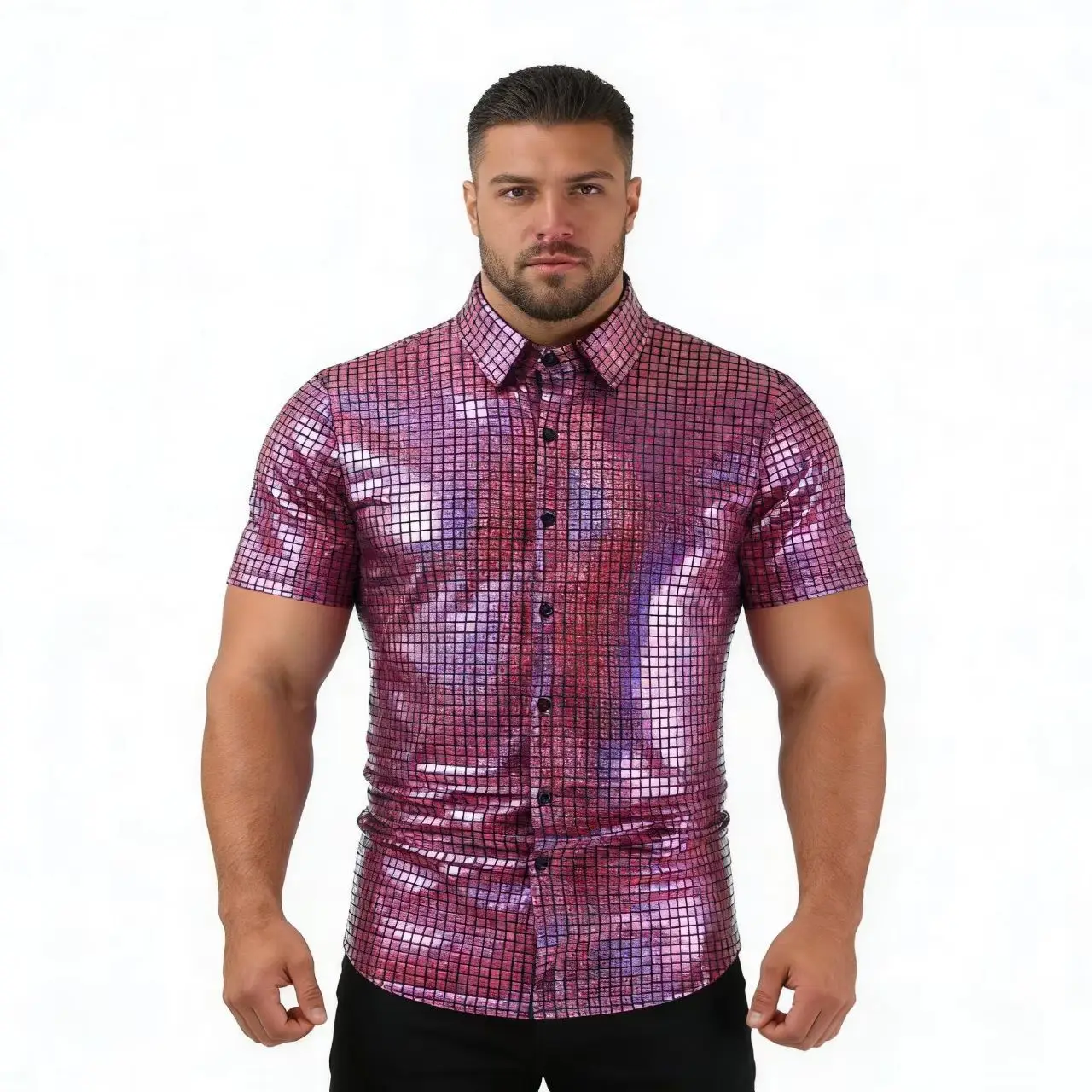 Men's Party Stage Bright Finish Short Sleeve Shirt Spring 2026 Colorful Lapel T-Shirt Fashionable Metallic Casual Wear
