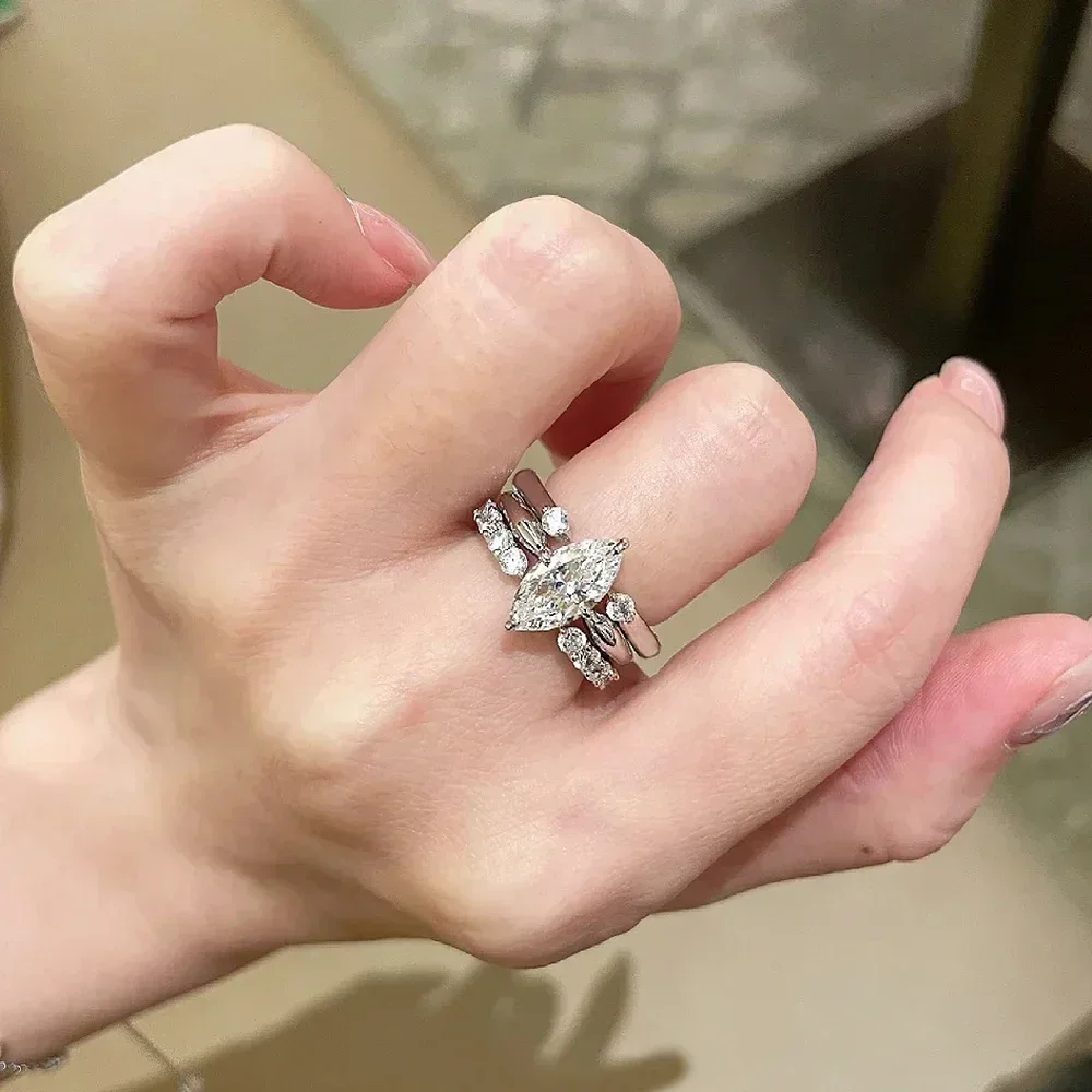 Certified Full Moissanite Wedding Bridal Rings Set for Women 925 Silver Marquise Cut Diamond Engagement Ring Eternity Band