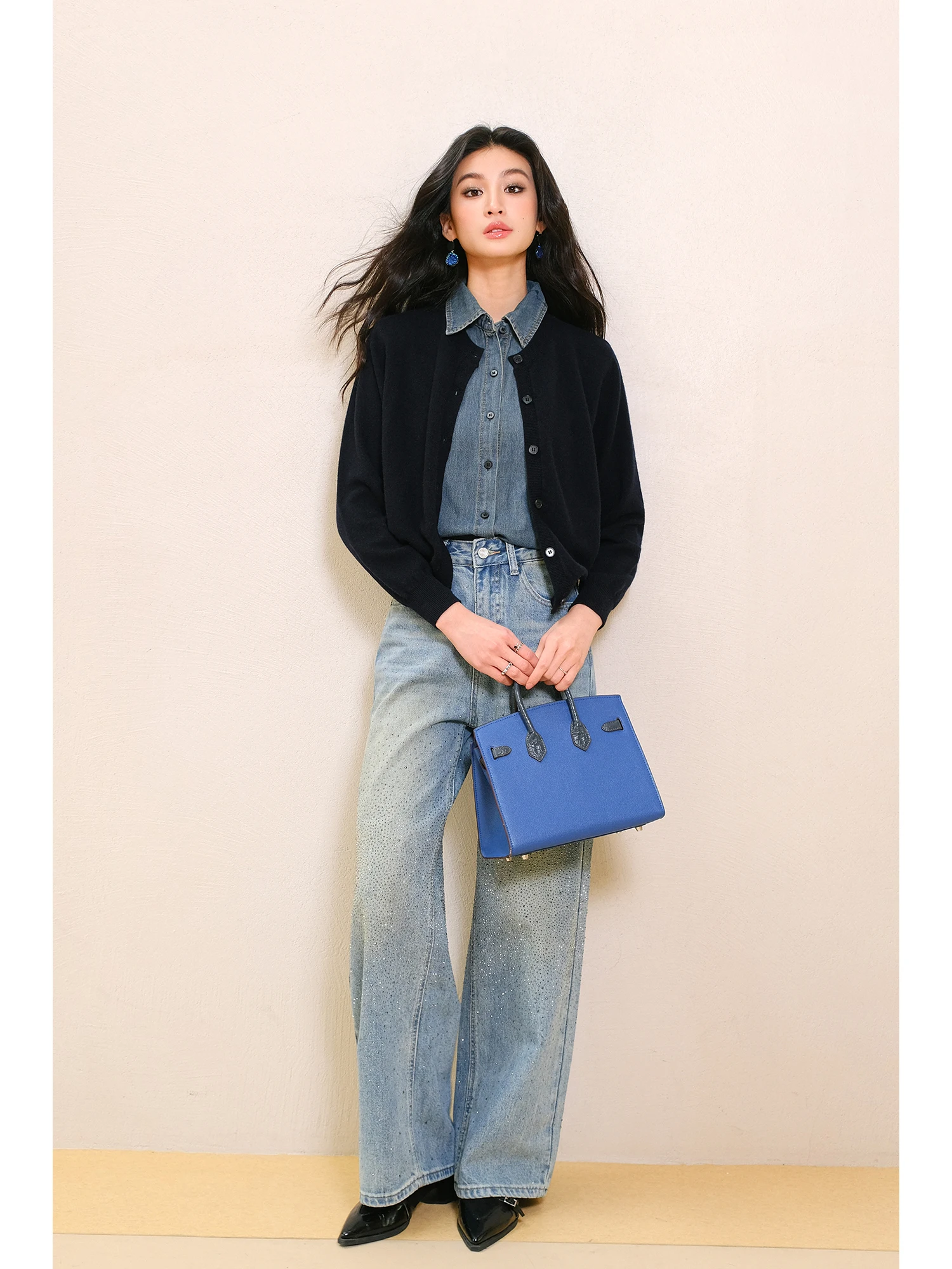 

Джинсы MIUCO с высокой талией, прямые, свободные, широкие, с бриллиантовой отделкой, длинные брюки, модные повседневные джинсовые штаны