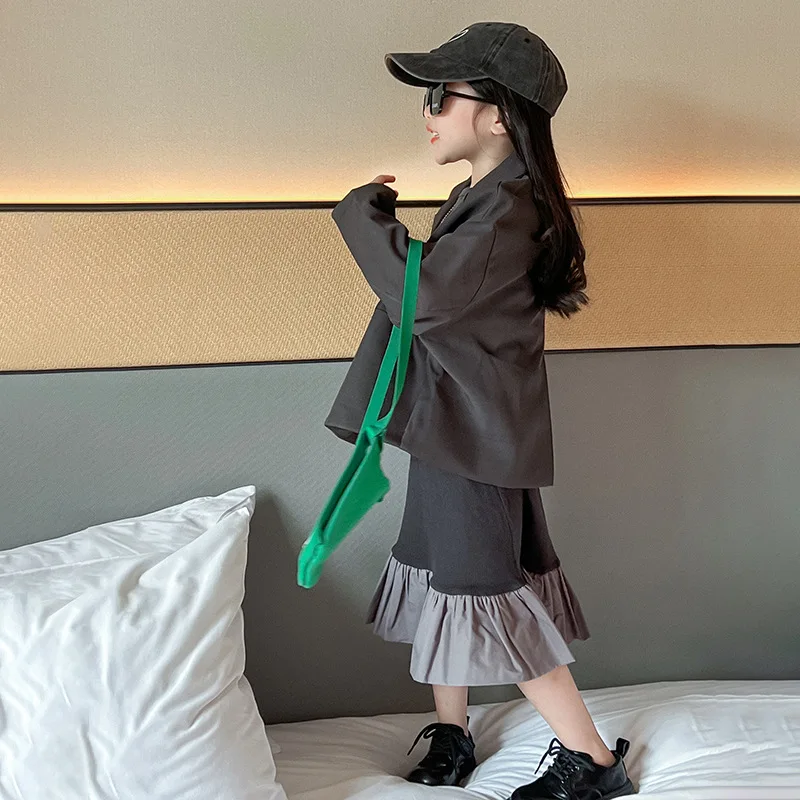 Girls Fashion Suit Jacket 2024 Fall New Solid Foreign Style Splicing Fishtail Skirt Suit Two-piece Set Korean Simple Style