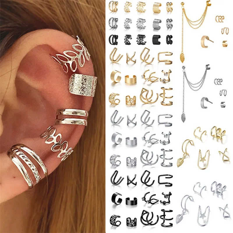 

Gold Color Leaves Ear Cuff Black Non-Piercing Ear Clip Earrings for Women Men Fake Cartilage Earring Cuff Jewelry Wholesale