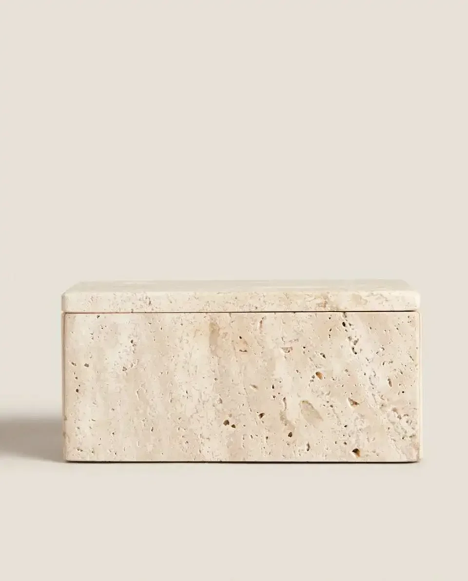 12x19x8cm Large Wabi-Sabi Natural Marble Beige Travertine Stone Rectangular Jewelry Storage Box with Lid Home Decor Ornaments