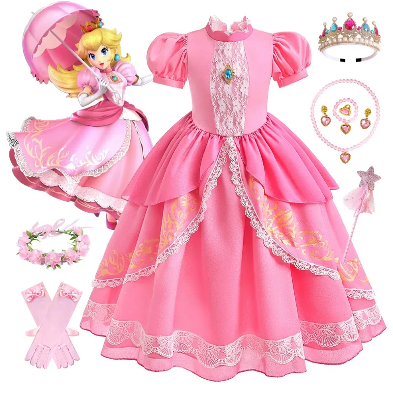 Costume Cospaly d'été pour enfants, robe de princesse rose pour filles, costume de performance, costume de jeu en plis