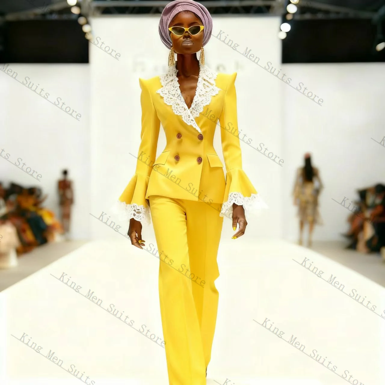 

Yellow White Lace Women Suit Set 2 Pcs Blazer+Pants Trousers Customized Formal Office Lady Wedding Tuxedos Prom Coat Jacket