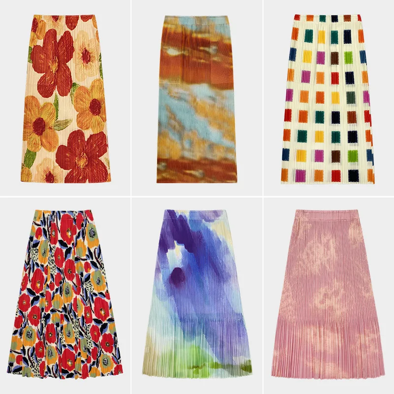 Half Skirt 2024 Summer Three House A-line Skirt Women's Half Mid Long Design Sense Niche High Waist Printed Half Skirt