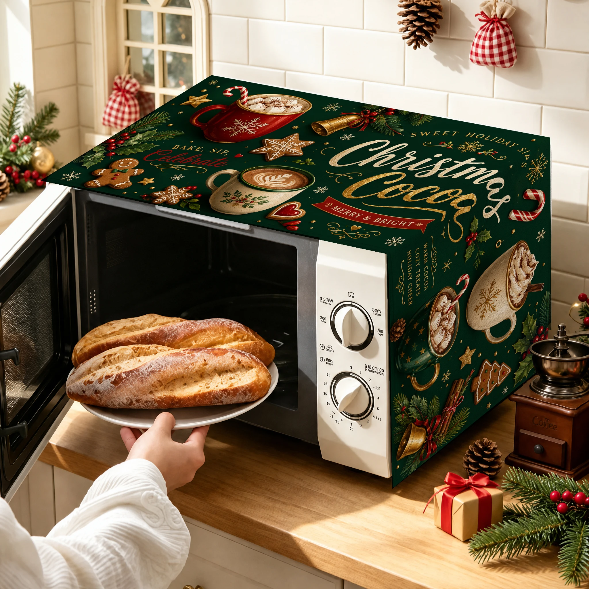 1pc Christmas Microwave Oven Cover, Cute Cat & Winter Holiday Themed Kitchen Decor Dust Protector