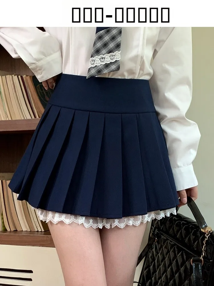 

High Waist Bicolor Lace ort Skirt Women's plus Size Pleated Skirt Casual Sle Autumn Faion Trend Color k Blue