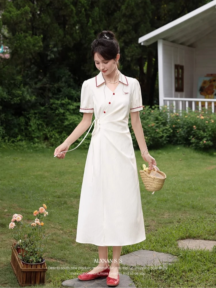 

ALXNAN Women's Long Dress Elegant Polo Collar Ruffled Puff Sleeve Dress 2025 Summer Casual Holiday Midi Female Clothing L56133