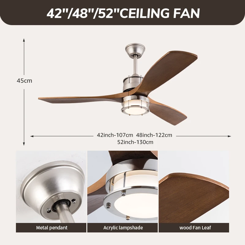 Modern Solid Wood Ceiling Fan with Light Quiet Reversible DC Motor 3 Color LED Light Indoor Ceiling Fan for Living Room Patio