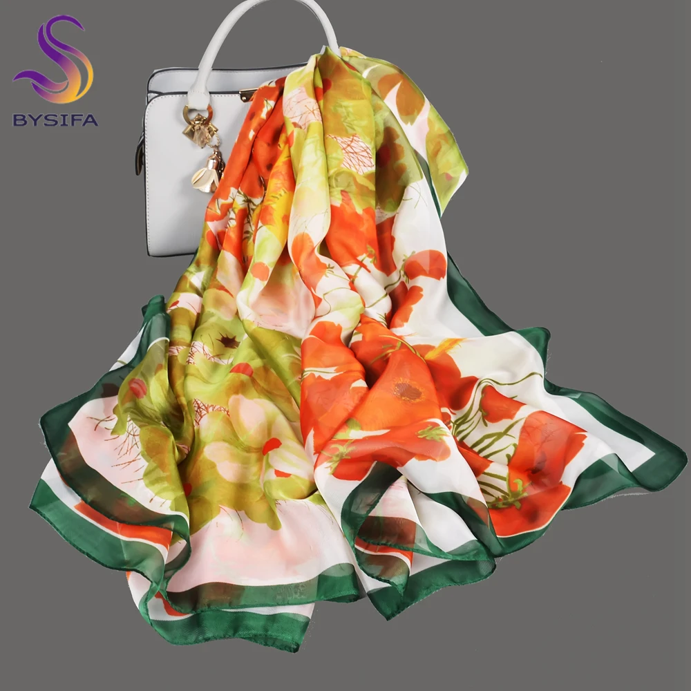 [BYSIFA] Fall Winter New Female Scaves Shawls Fashion Summer Beach Shawl Spring Fall Long Silk Scarf Wrap Green Orange 180*140cm