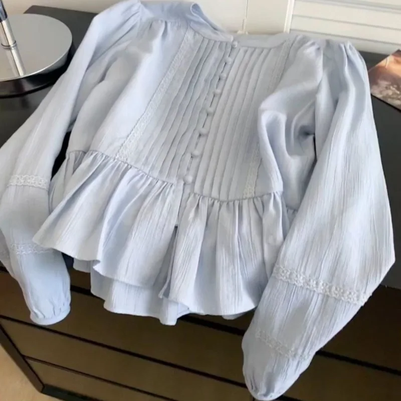 

Elegant Blue Lace Patchwork Shirt Women 2025 Early Autumn New Bottoming Blouses Sweet O-neck Long Sleeve Blusas De Mujer