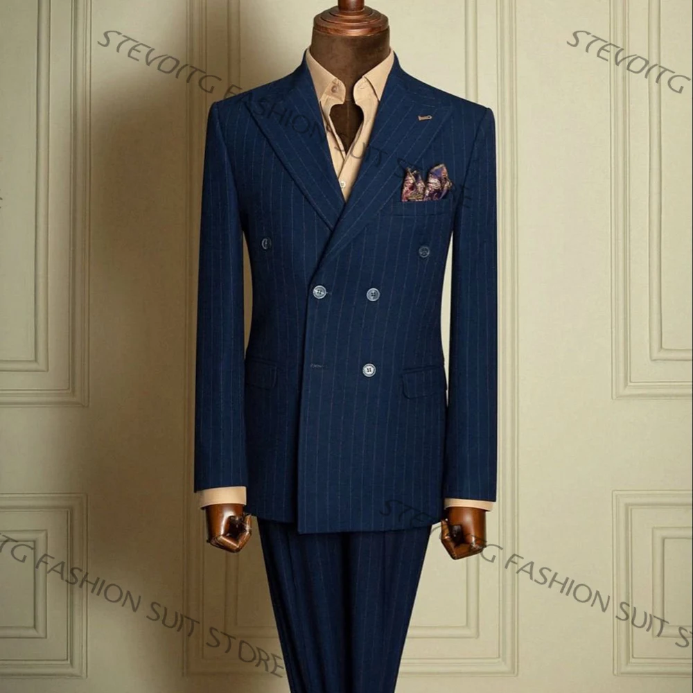

Men's Navy Blue Pinstripe Double Breasted Suits Set Formal Business Jacket+Pants Two Piece Wedding Groom Tuxedos Prom Costume