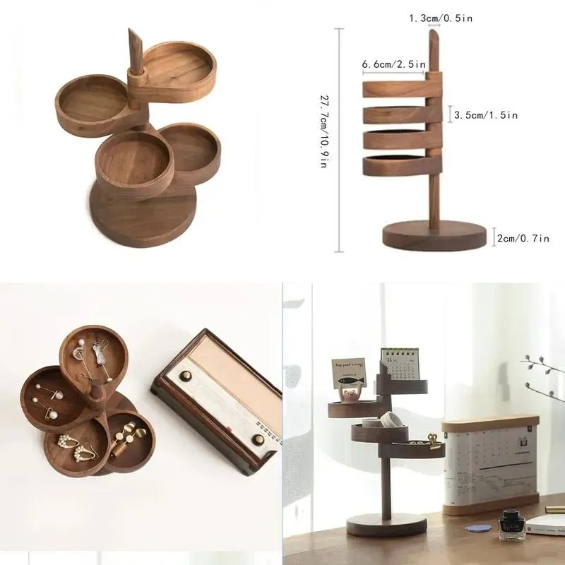 Creative Solid Wood Desktop Jewelry Storage Box Multi Layer Rotating Shelf Unique Wooden Organizer Rack for Accessories