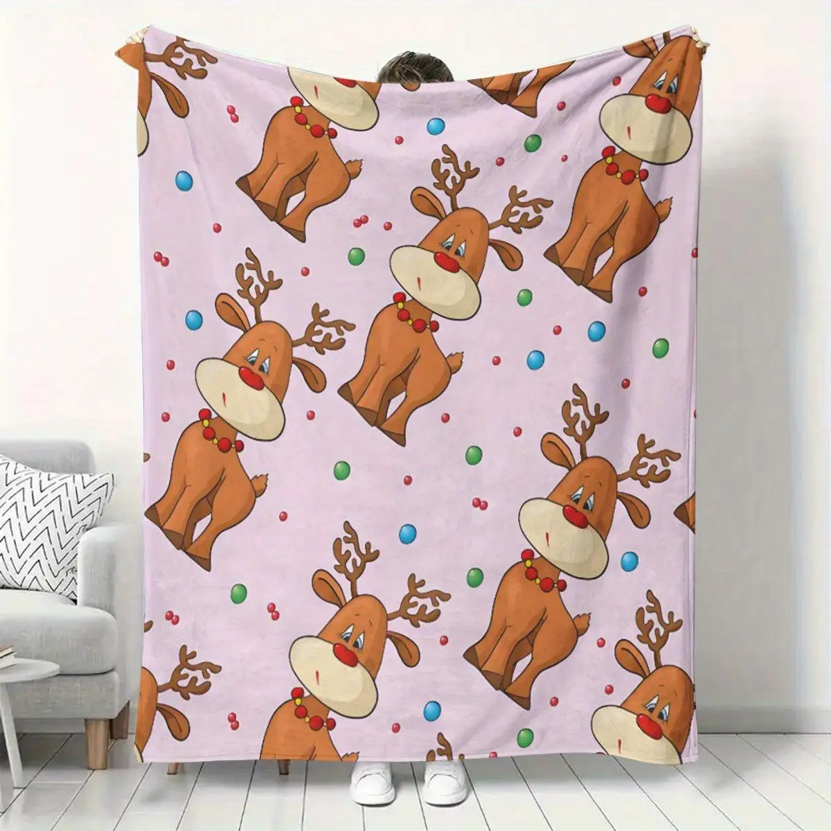1pc Extra Thick Flannel Blanket - Soft Pink Deer & Hearts Pastel design, All-Season Cozy Throw for Bed, Sofa, Travel, Cam