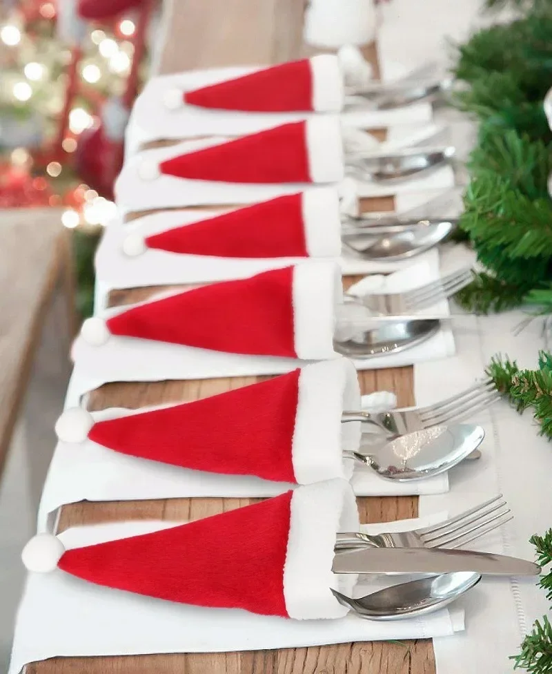 Merry Christmas Decoration 2024 Christmas Tableware Bag Holder Christmas Hat Fork Knife Cutlery Bag Ornament Decor